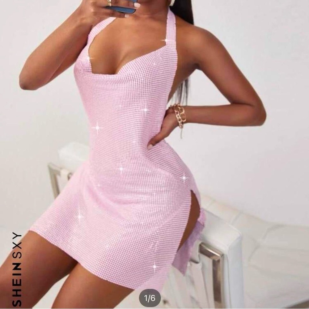 pink chain detail backless high split hem metallic halter dress size XS